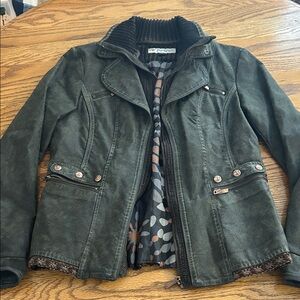 Olive Green Leather Jacket with Ribbed Collar